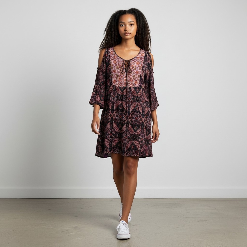 Miami Tunic Top Womens Medium Burgundy Boho Cold Shoulder Geometric 90872